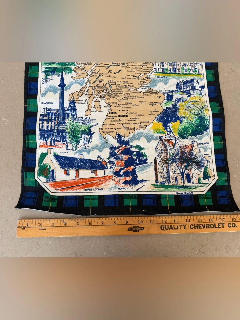 Vintage Maurice Oliphant Scotland Map Tea Towel Wall Hanging Tartan - Made in UK